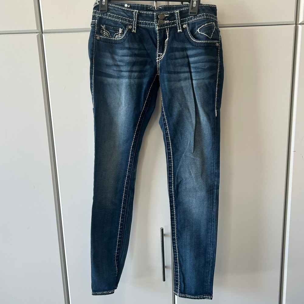 Vigoss The Dublin Skinny Jeans Dark Wash Thick‎ Stitch Embellished Size 7/8 31L